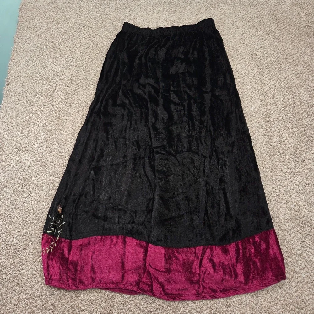 VTG White Stag Midi Skirt Whimsigoth Crushed Velvet Embroidered Floral Trim M - Picture 2 of 6